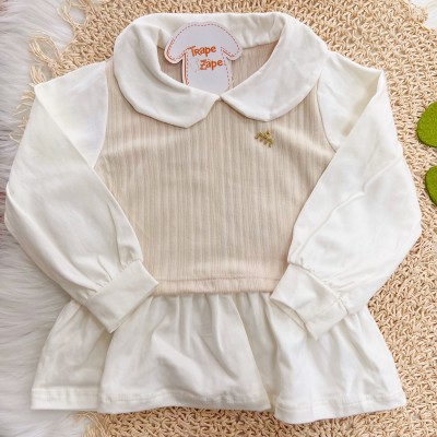 Conj. Blusa Manga Longa com Suéter e Calça Couro Ecológico - Off White